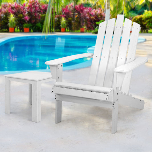 Set of 2 Adirondack Outdoor Table and Chair Wooden Beach Chair Patio Furniture White
