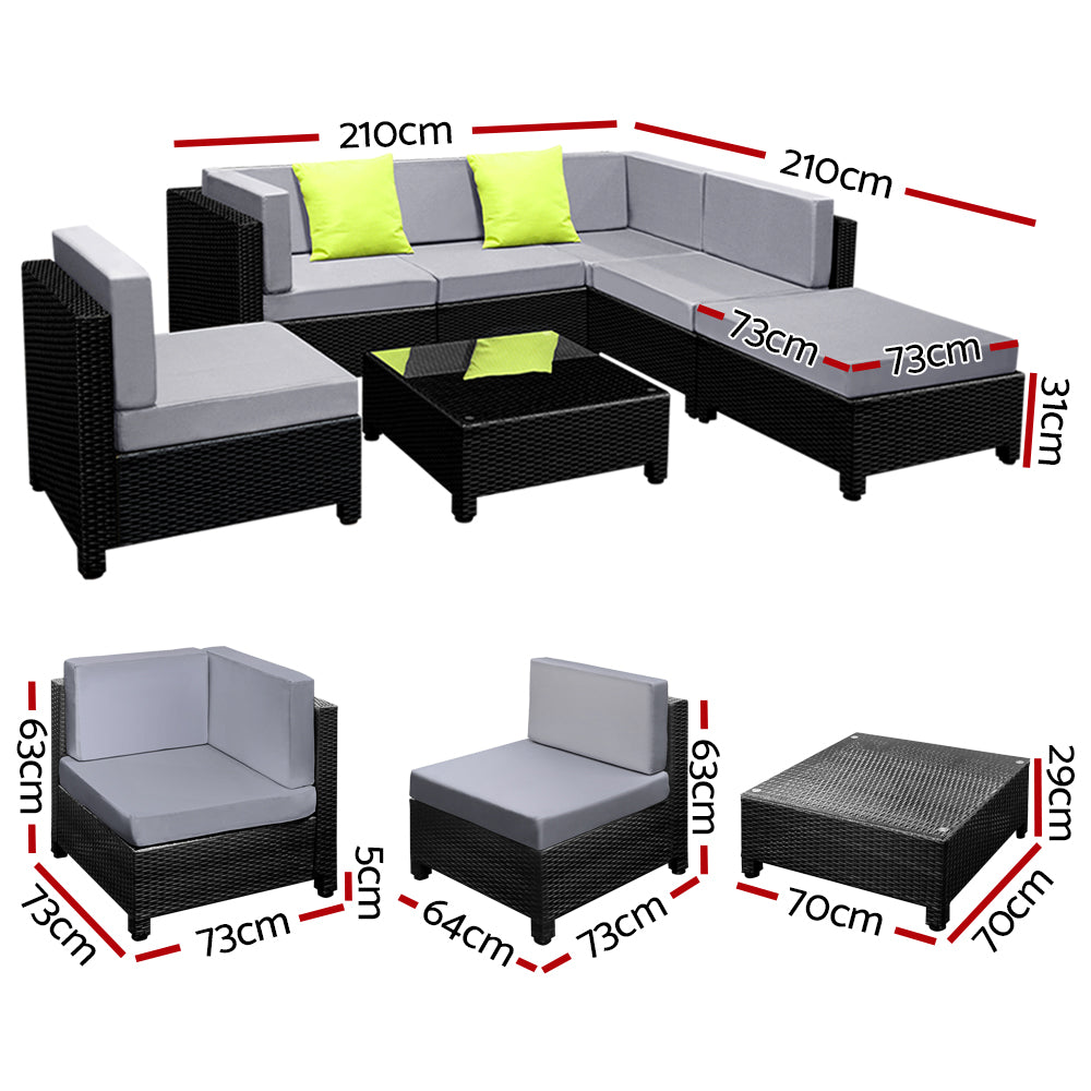 Homer 6-Seater Outdoor Set Furniture Lounge Setting Wicker Couches Garden Patio Pool 7-Piece Sofa - Black