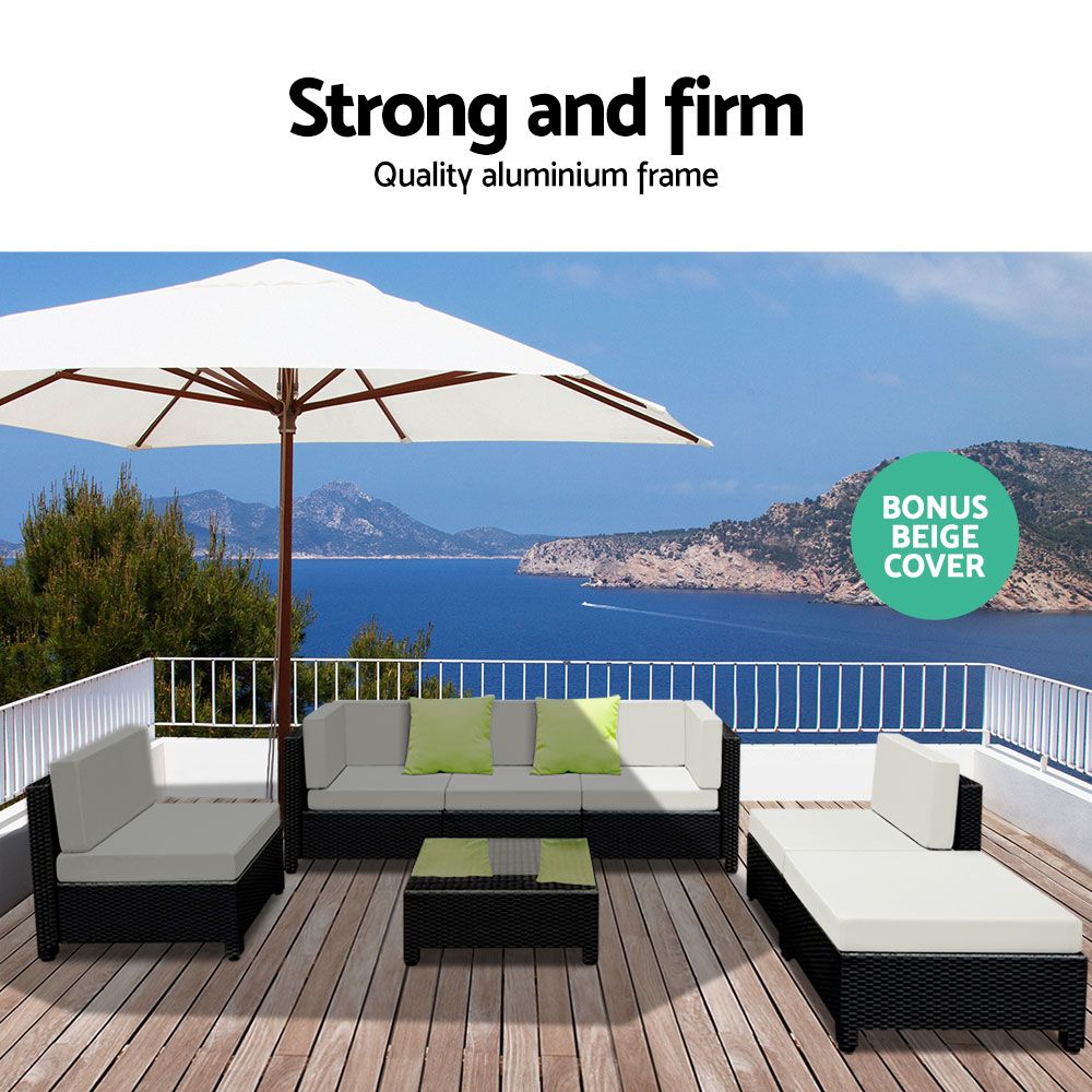 Homer 6-Seater Outdoor Set Furniture Lounge Setting Wicker Couches Garden Patio Pool 7-Piece Sofa - Black