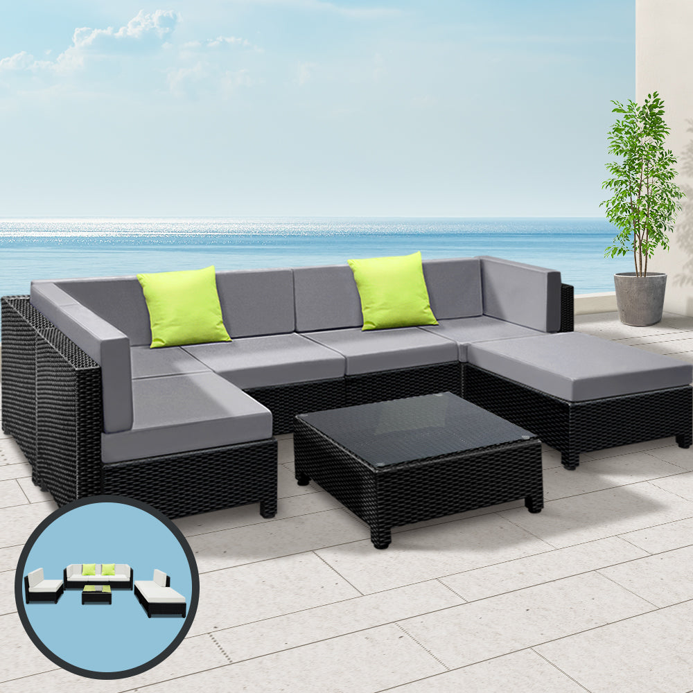 Homer 6-Seater Outdoor Set Furniture Lounge Setting Wicker Couches Garden Patio Pool 7-Piece Sofa - Black