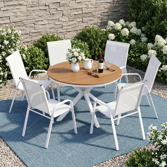Orelia 6-Seater Table and Chairs Patio Garden Furniture Steel 7-Piece Outdoor Dining Set - White & Wood