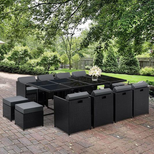 Carnforth 12-Seater Wicker Outdoor 13-Piece Dining Table Set - Black