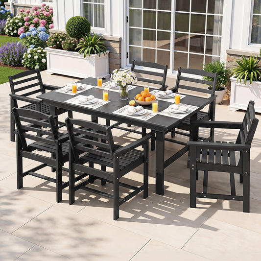 Lacombe 6-Seater Outdoor Dining Set Patio HDPE Table and Chairs Garden Furniture 7-Piece - Black