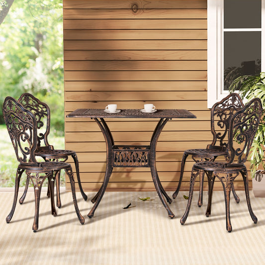 Brescia 4-Seater Chairs Table Cast Aluminum Patio 5-Piece Outdoor Dining Set - Brown