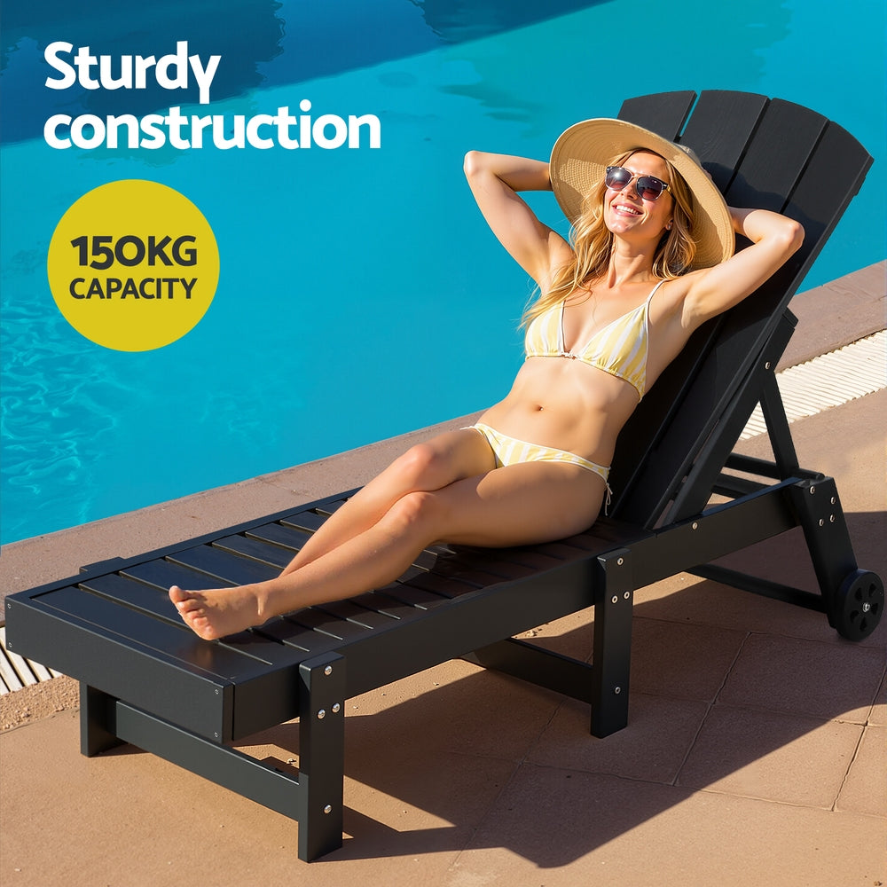 Lindau Sun Lounge Beach Chair HDPE Adirondack Lounger Patio Outdoor Furniture with Wheels - Black