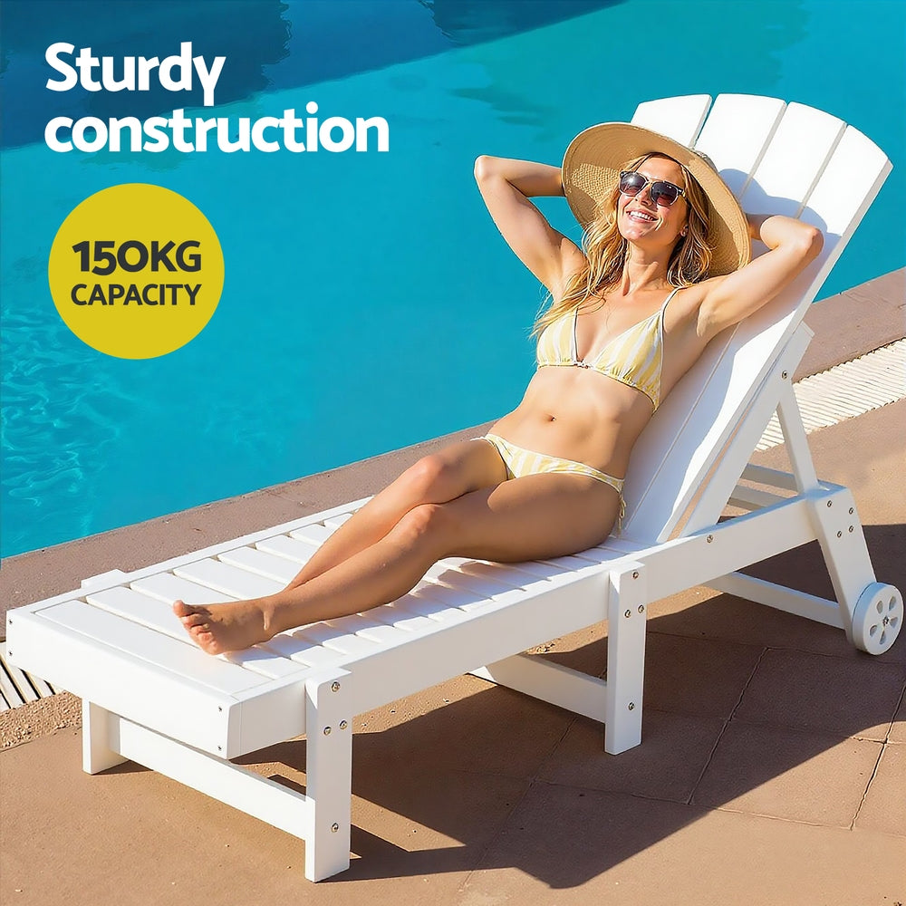 Lindau Sun Lounge Beach Chair HDPE Adirondack Lounger Patio Outdoor Furniture with Wheels - White