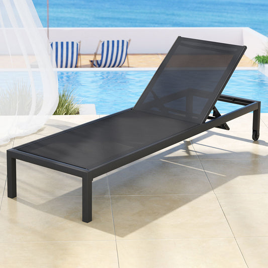Romy Sun Lounge Outdoor Lounger Aluminium Folding Beach Chair Wheels - Black