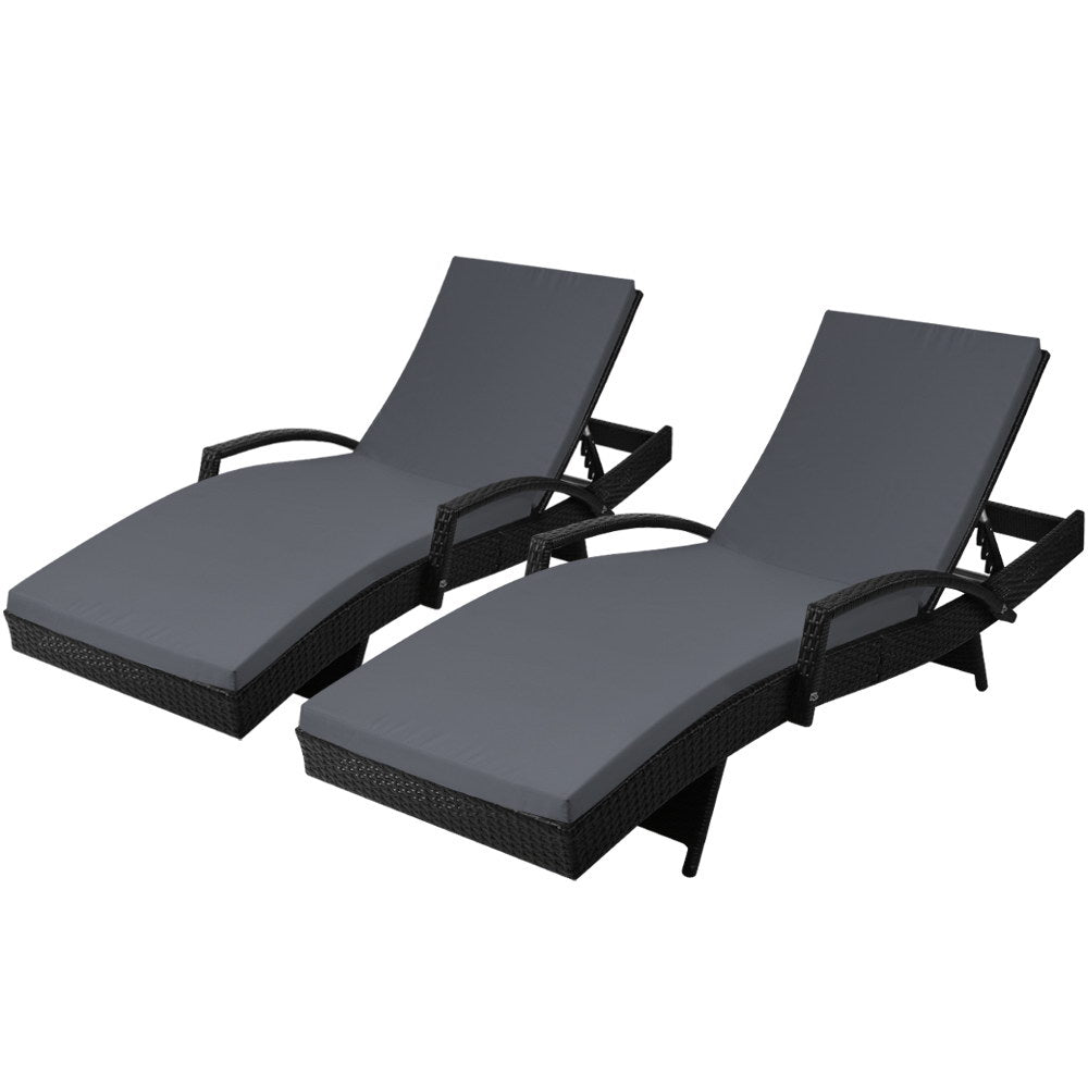 Ashby Set of 2 Outdoor Sun Lounge Wicker with Armrest Chair and Cushion - Black