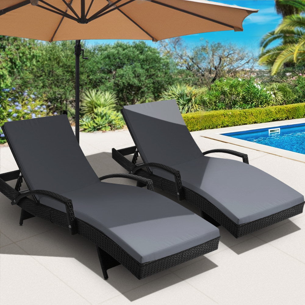 Ashby Set of 2 Outdoor Sun Lounge Wicker with Armrest Chair and Cushion - Black