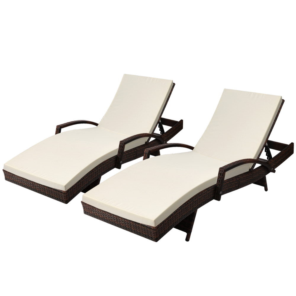 Ashby Set of 2 Outdoor Sun Lounge Wicker with Armrest Chair and Cushion - Brown