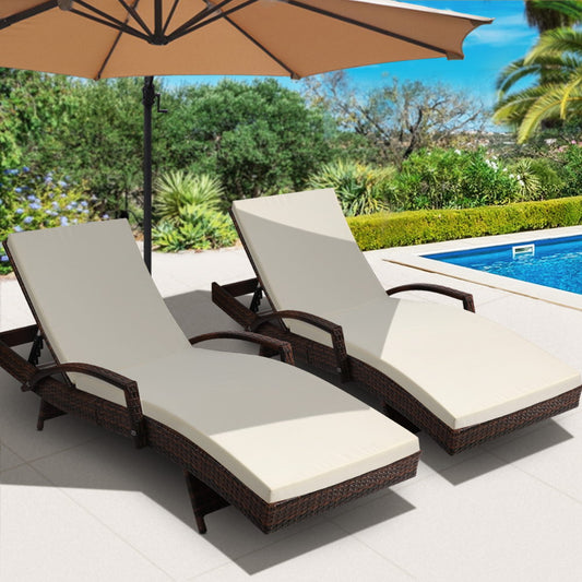 Ashby Set of 2 Outdoor Sun Lounge Wicker with Armrest Chair and Cushion - Brown