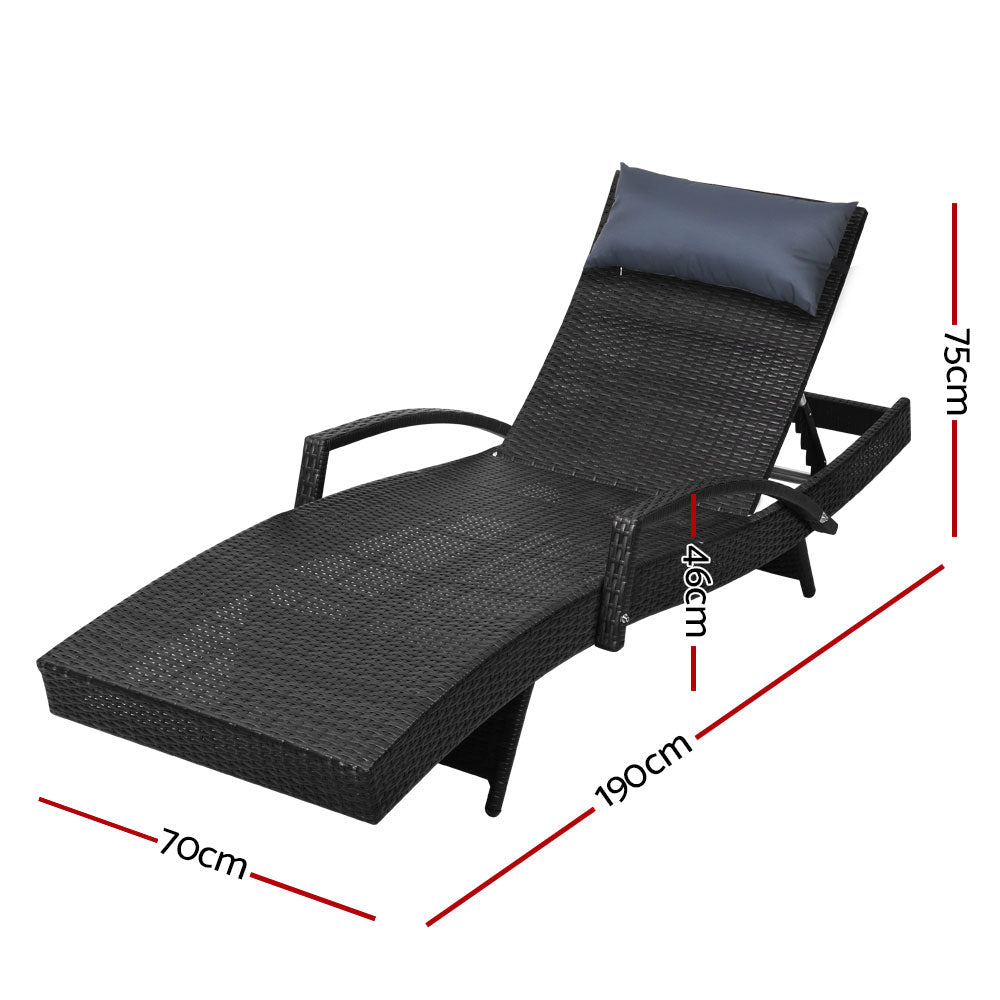 Silsden Outdoor Sun Lounge Wicker with Armrest Chair and Pillow - Black