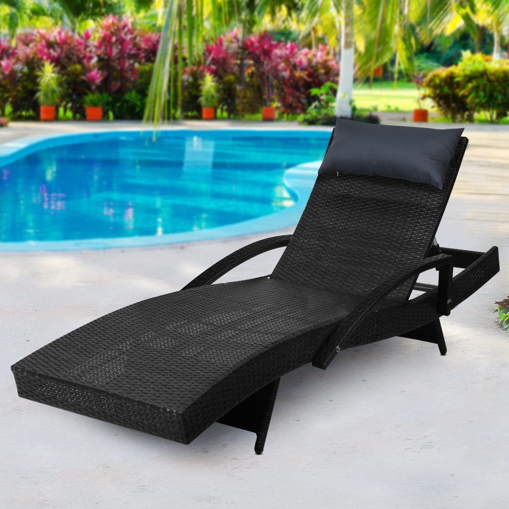 Silsden Outdoor Sun Lounge Wicker with Armrest Chair and Pillow - Black