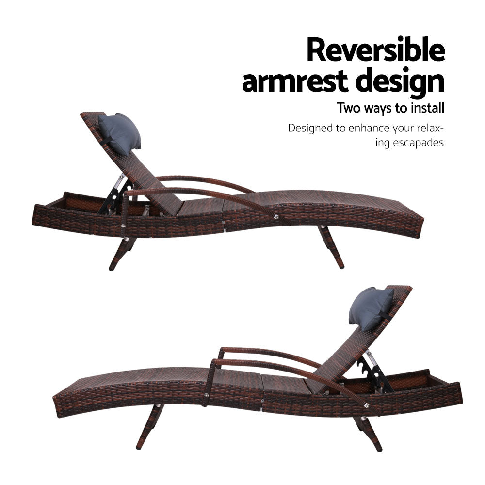 Silsden Set of 2 Outdoor Sun Lounge Wicker with Armrest Chair and Pillow - Brown