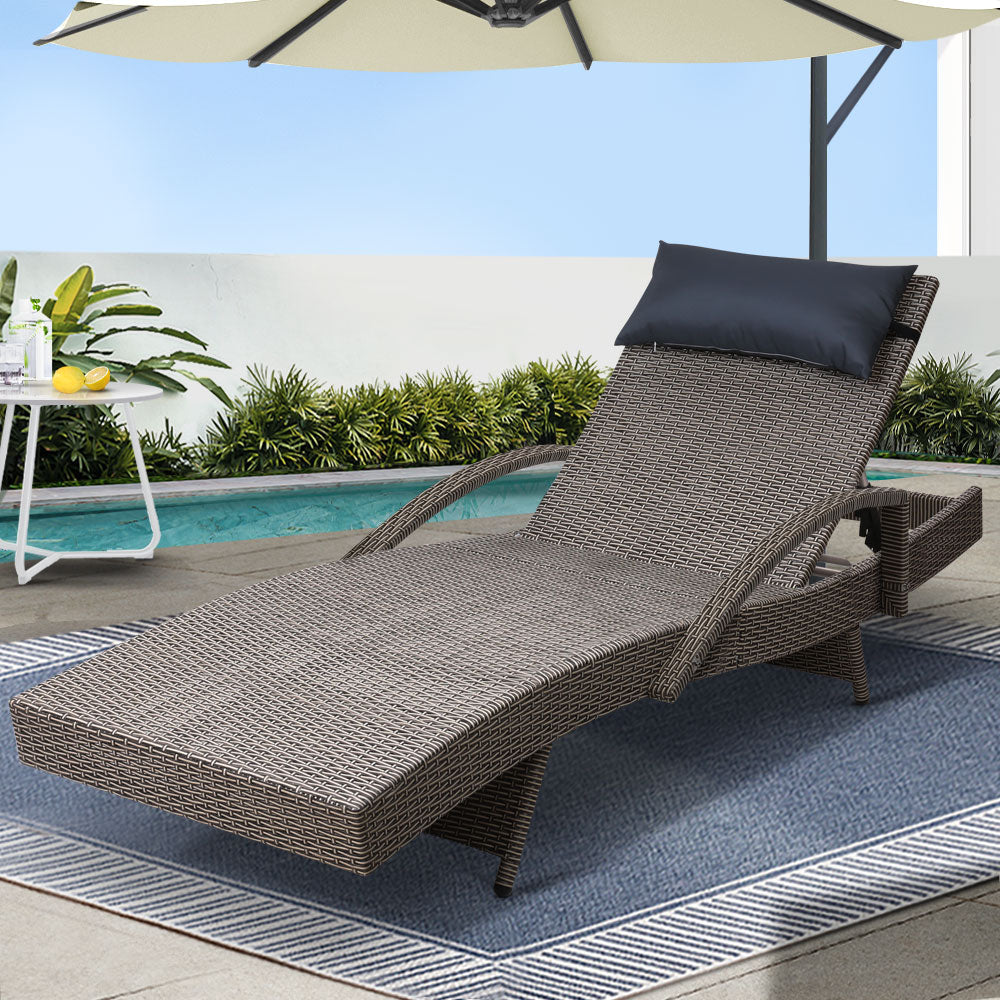 Silsden Outdoor Sun Lounge Wicker with Armrest Chair and Pillow - Grey