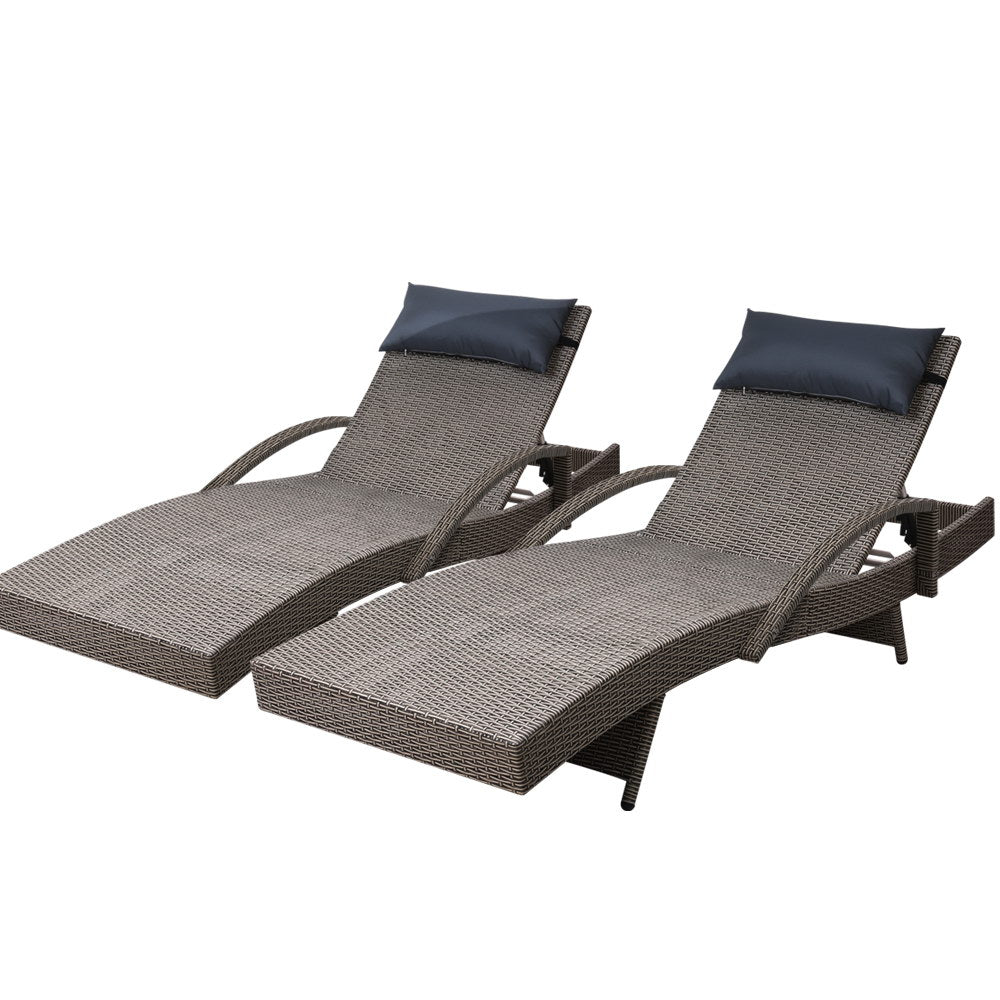 Silsden Set of 2 Outdoor Sun Lounge Wicker with Armrest Chair and Pillow - Grey