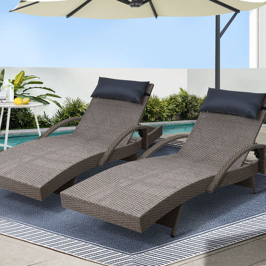 Silsden Set of 2 Outdoor Sun Lounge Wicker with Armrest Chair and Pillow - Grey