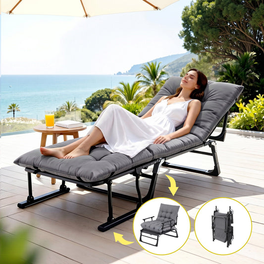 Cato 3-in-1 Sun Lounger Folding Camping Chair Adjustable Recliner Patio Furniture for Office Nap - Black