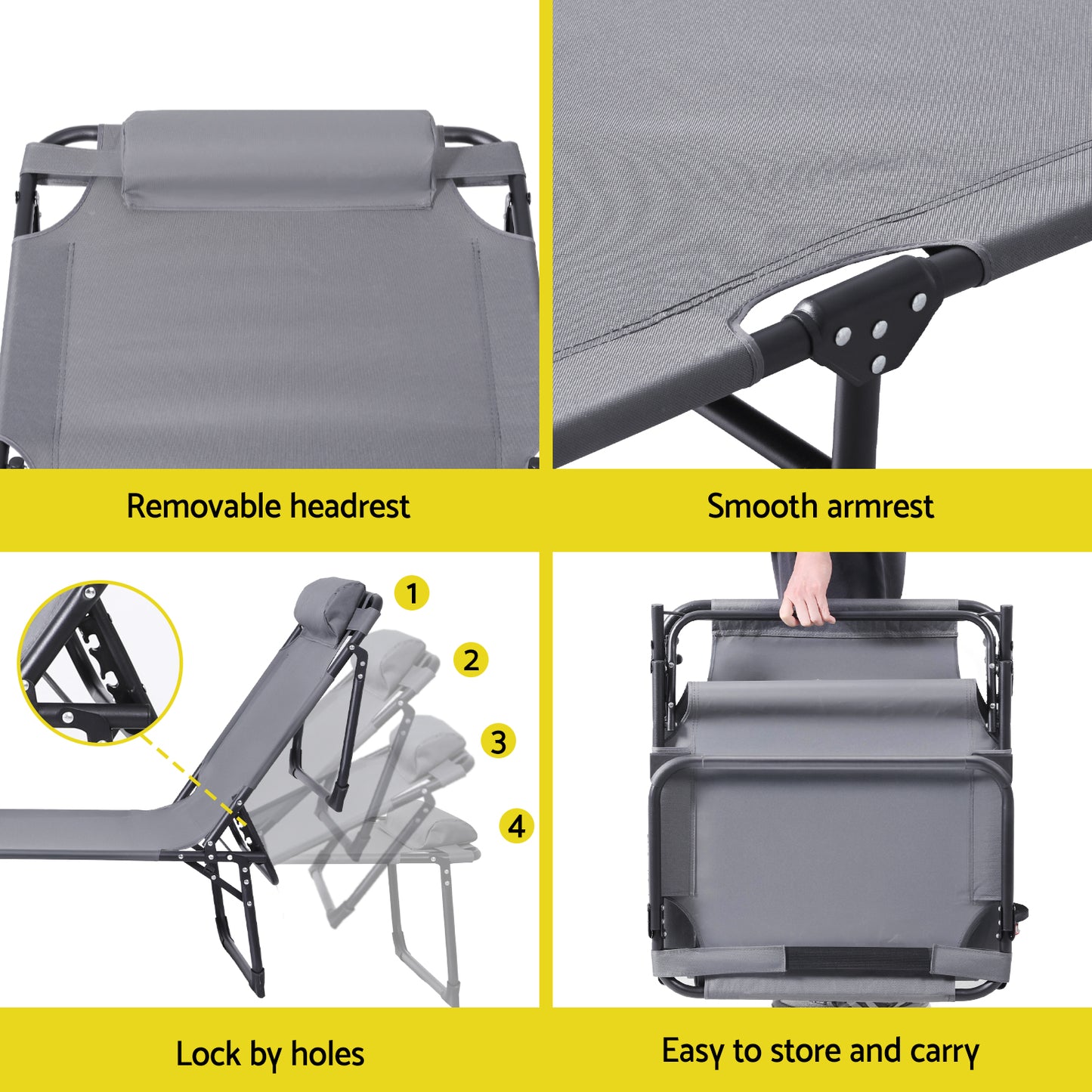 Quinlan Sun Lounger Folding Lounge Beach Chair Patio Outdoor Furniture - Grey