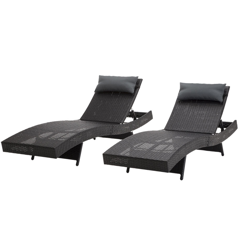 Travis Set of 2 Outdoor Sun Lounge Wicker Chair without Armrest - Black