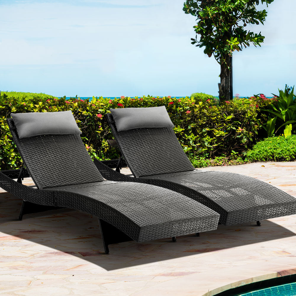 Travis Set of 2 Outdoor Sun Lounge Wicker Chair without Armrest - Black