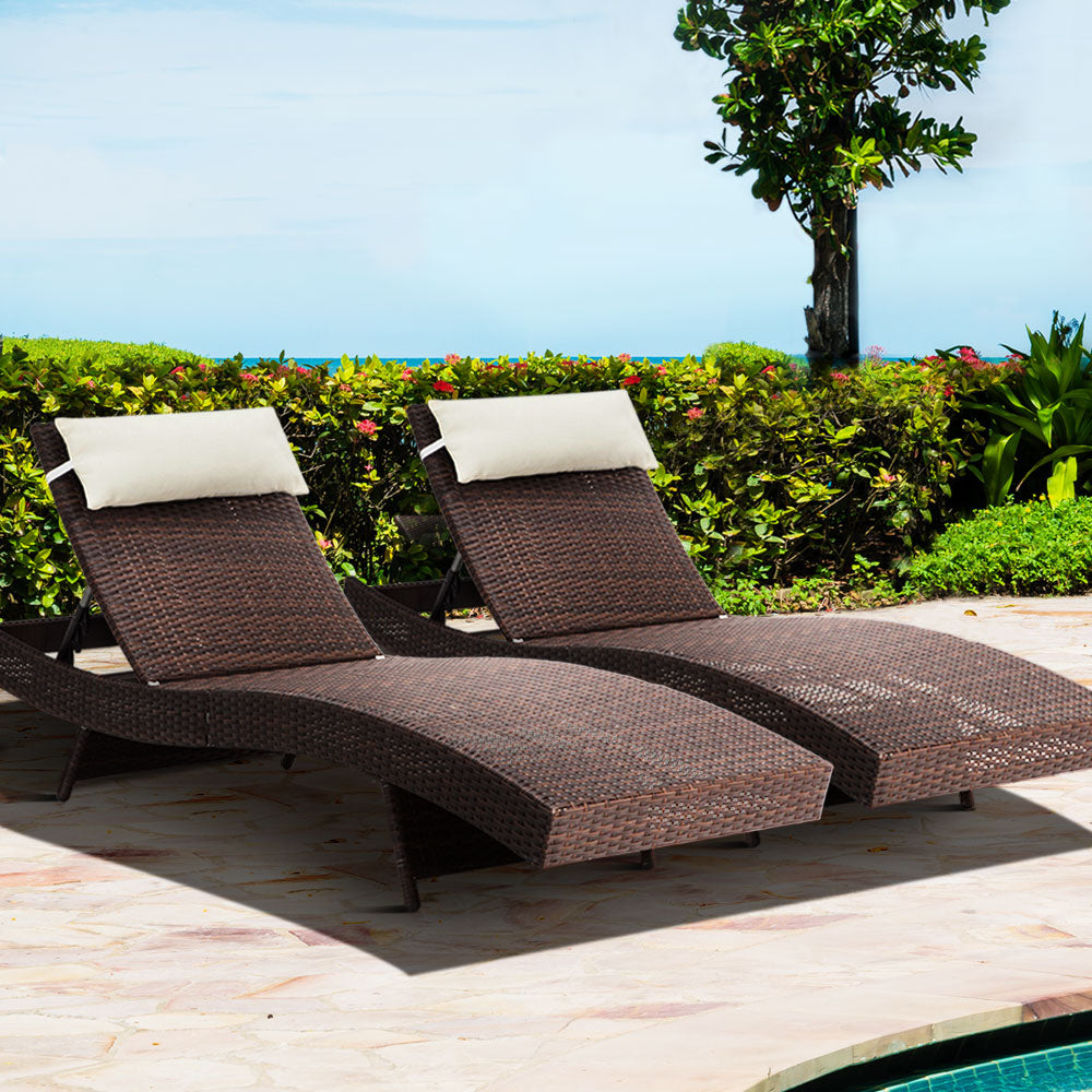 Travis Set of 2 Outdoor Sun Lounge Wicker Chair without Armrest - Brown