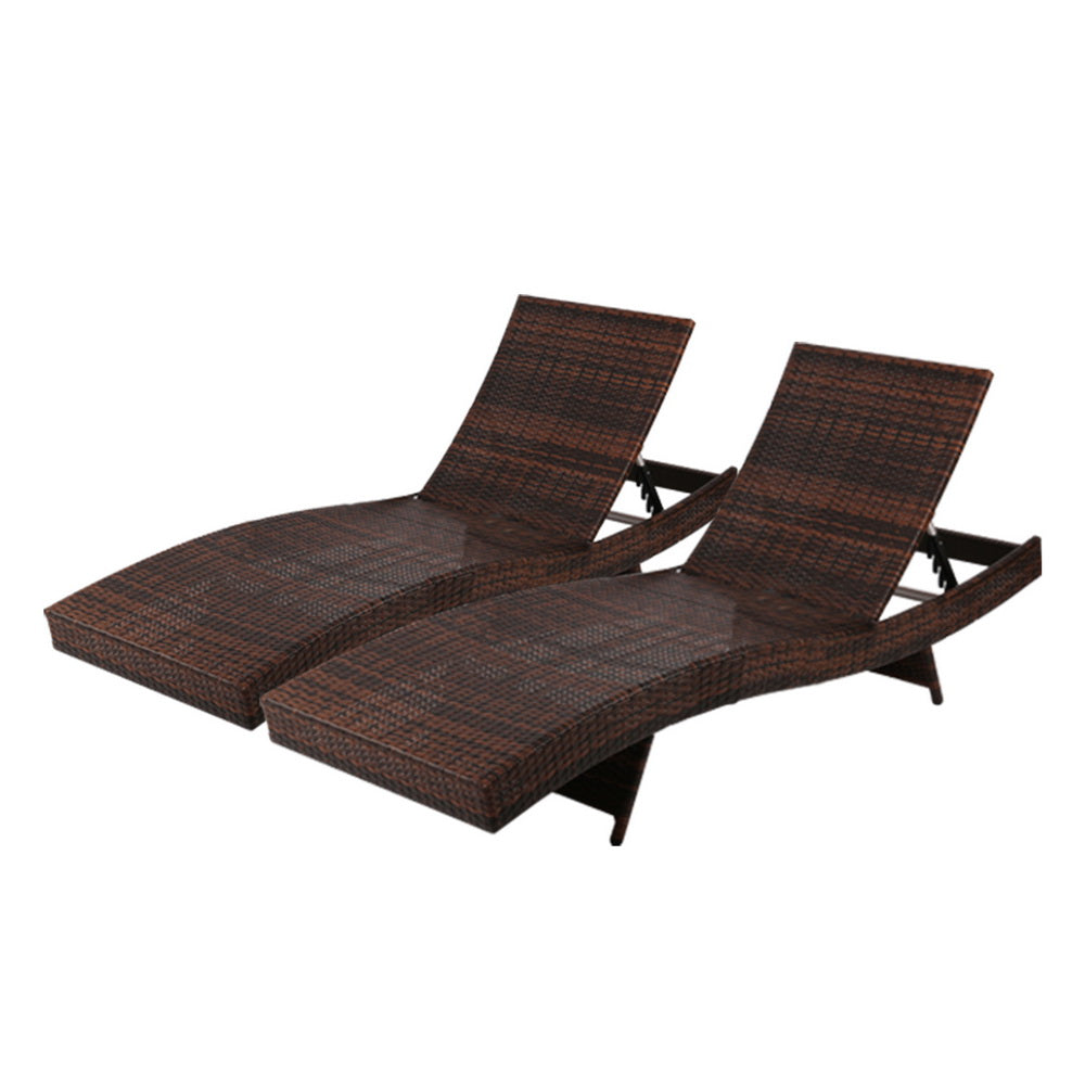 Travis Set of 2 Outdoor Sun Lounge Wicker Chair without Armrest - Brown