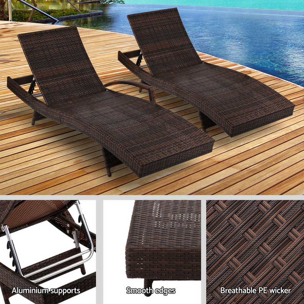 Travis Set of 2 Outdoor Sun Lounge Wicker Chair without Armrest - Brown