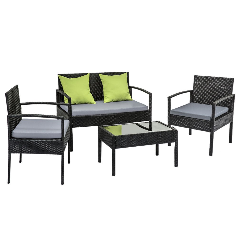 Dover 4-Seater Outdoor Set Furniture Lounge Setting Wicker Couches Garden Patio Pool 4-Piece Sofa - Black