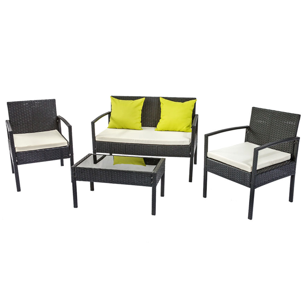 Dover 4-Seater Outdoor Set Furniture Lounge Setting Wicker Couches Garden Patio Pool 4-Piece Sofa - Black