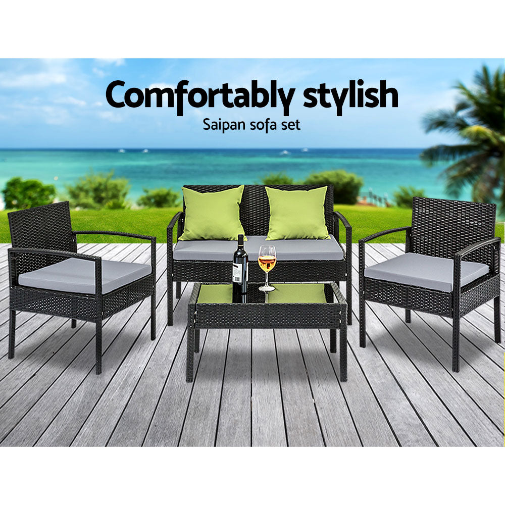 Dover 4-Seater Outdoor Set Furniture Lounge Setting Wicker Couches Garden Patio Pool 4-Piece Sofa - Black