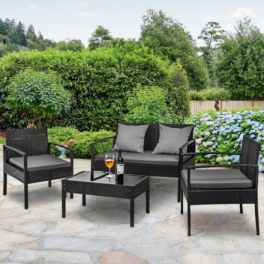 Dover 4-Seater Outdoor Set Furniture Lounge Setting Wicker Couches Garden Patio Pool 4-Piece Sofa - Black