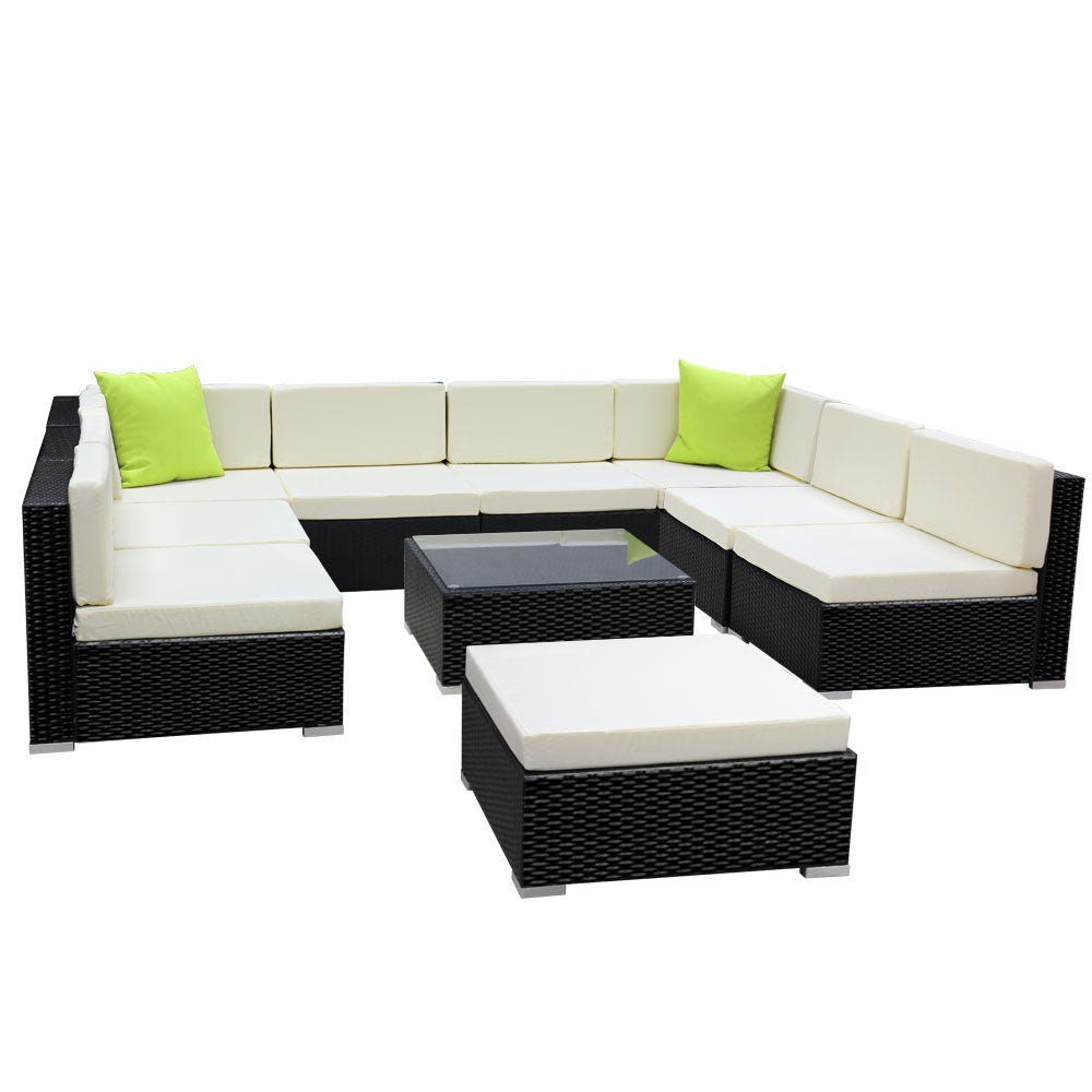 Chester 9-Seater Outdoor Set Furniture Wicker 10-Piece Sofa with Storage Cover - Black