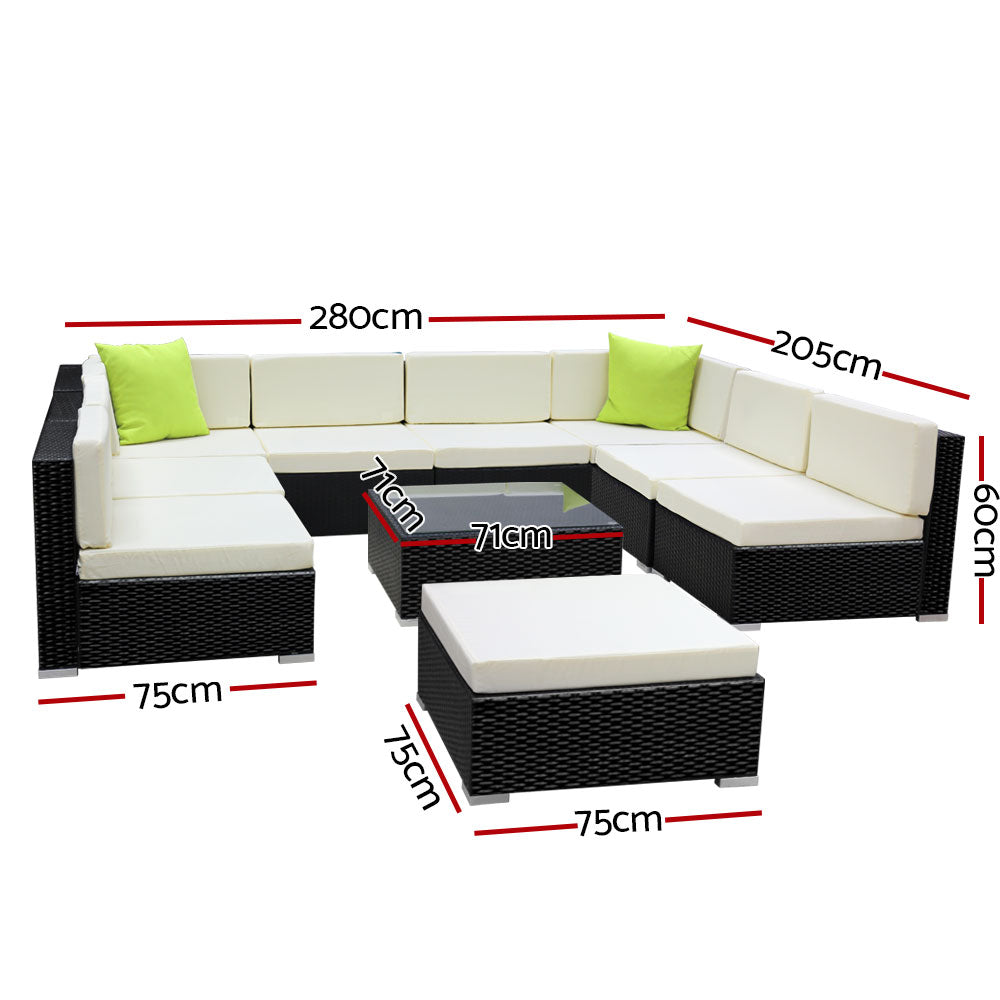 Chester 9-Seater Outdoor Set Furniture Wicker 10-Piece Sofa with Storage Cover - Black