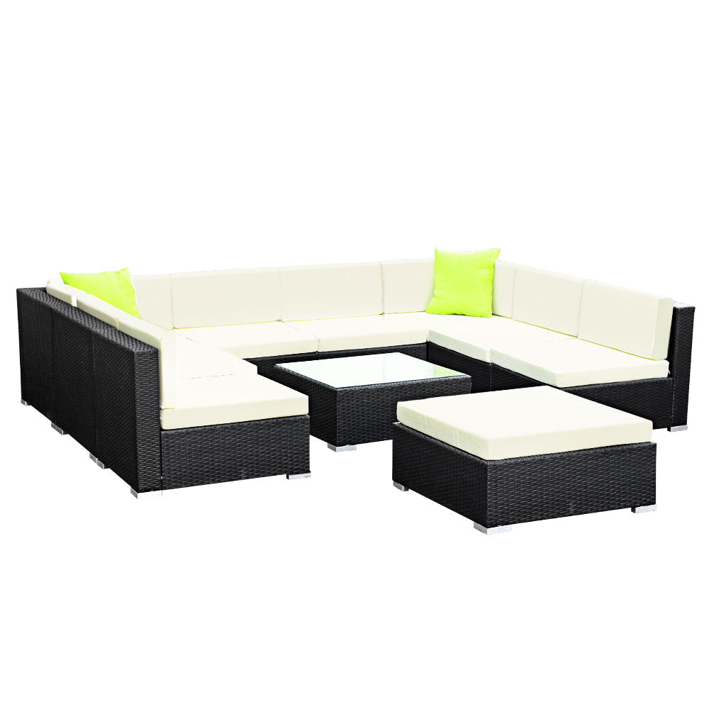 Chester 9-Seater Outdoor Set Furniture Wicker 10-Piece Sofa with Storage Cover - Black
