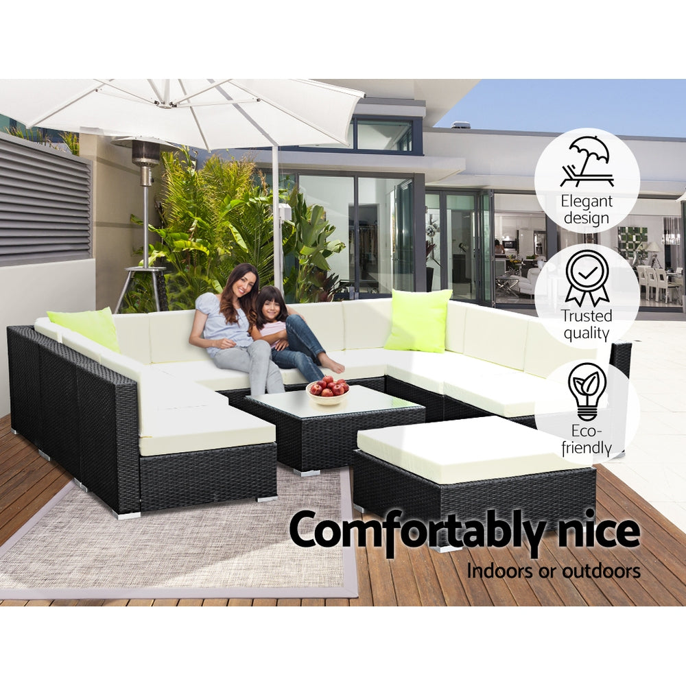 Chester 9-Seater Outdoor Set Furniture Wicker 10-Piece Sofa with Storage Cover - Black