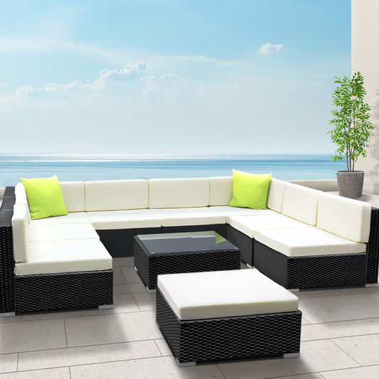 Chester 9-Seater Furniture Set Wicker Garden Patio Lounge 10-Piece Outdoor Sofa - Black