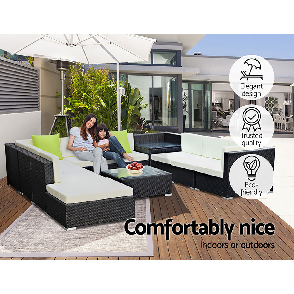 Chester 10-Seater Outdoor Set Furniture Wicker 11-Piece Sofa with Storage Cover - Black