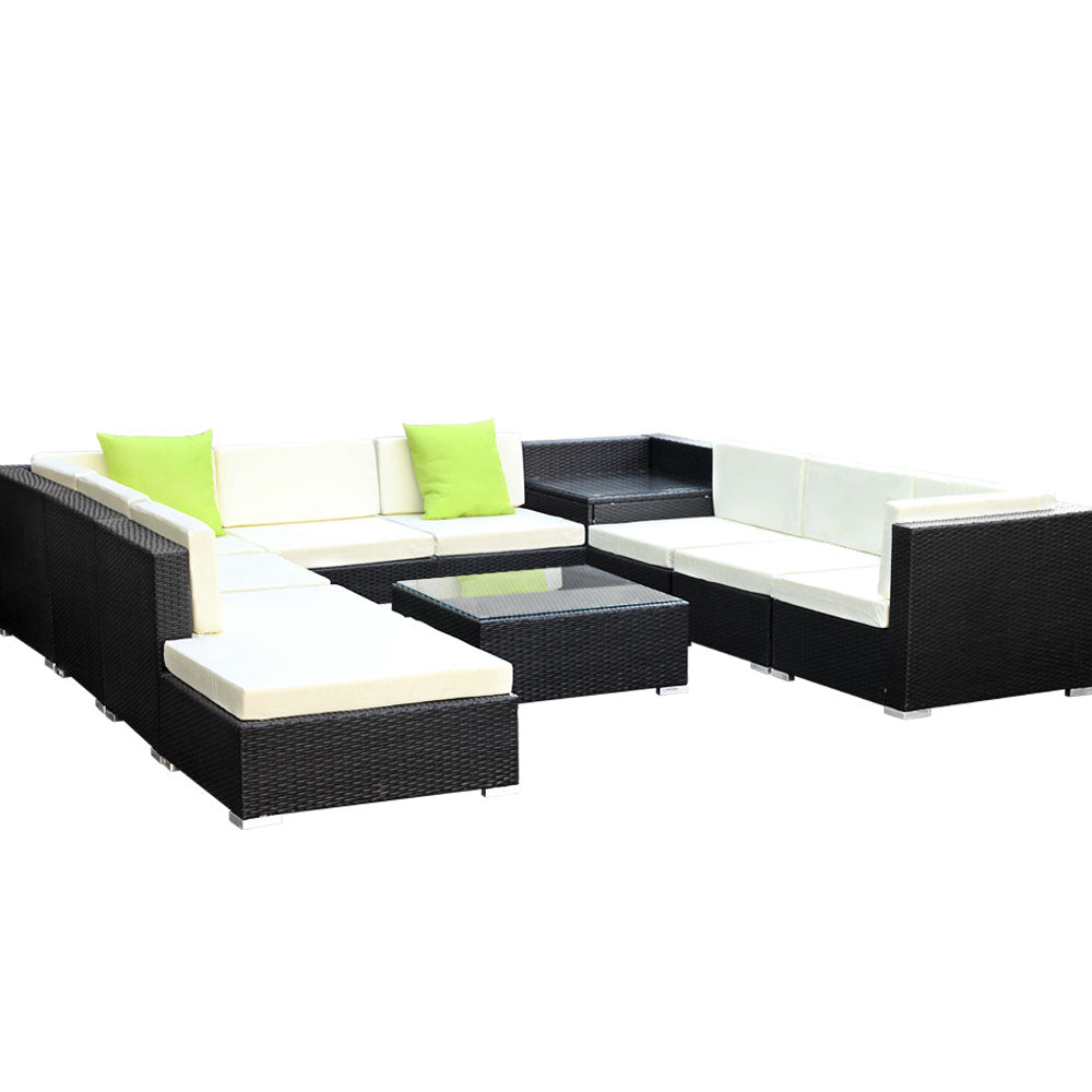 Chester 10-Seater Furniture Set Wicker Garden Patio Lounge 11-Piece Outdoor Sofa - Black