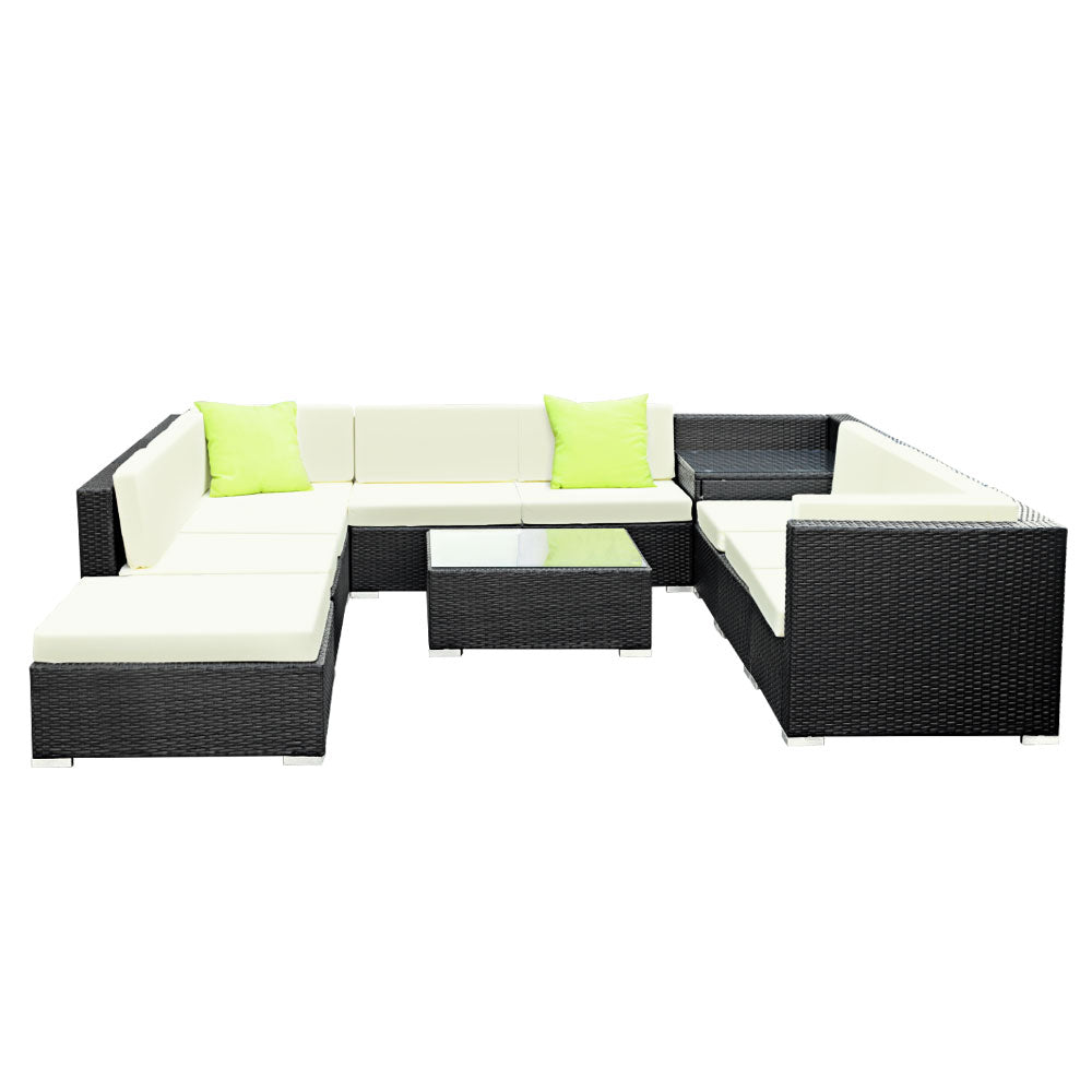 Chester 10-Seater Furniture Set Wicker Garden Patio Lounge 11-Piece Outdoor Sofa - Black