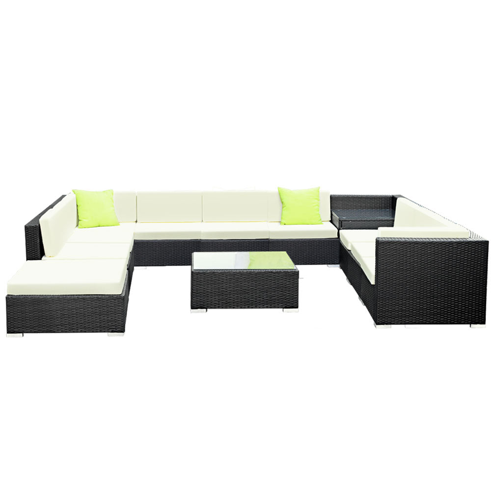 Chester 11-Seater Outdoor Set Furniture Wicker 12-Piece Sofa with Storage Cover - Black