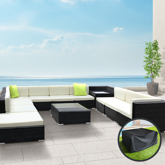 Chester 11-Seater Outdoor Set Furniture Wicker 12-Piece Sofa with Storage Cover - Black