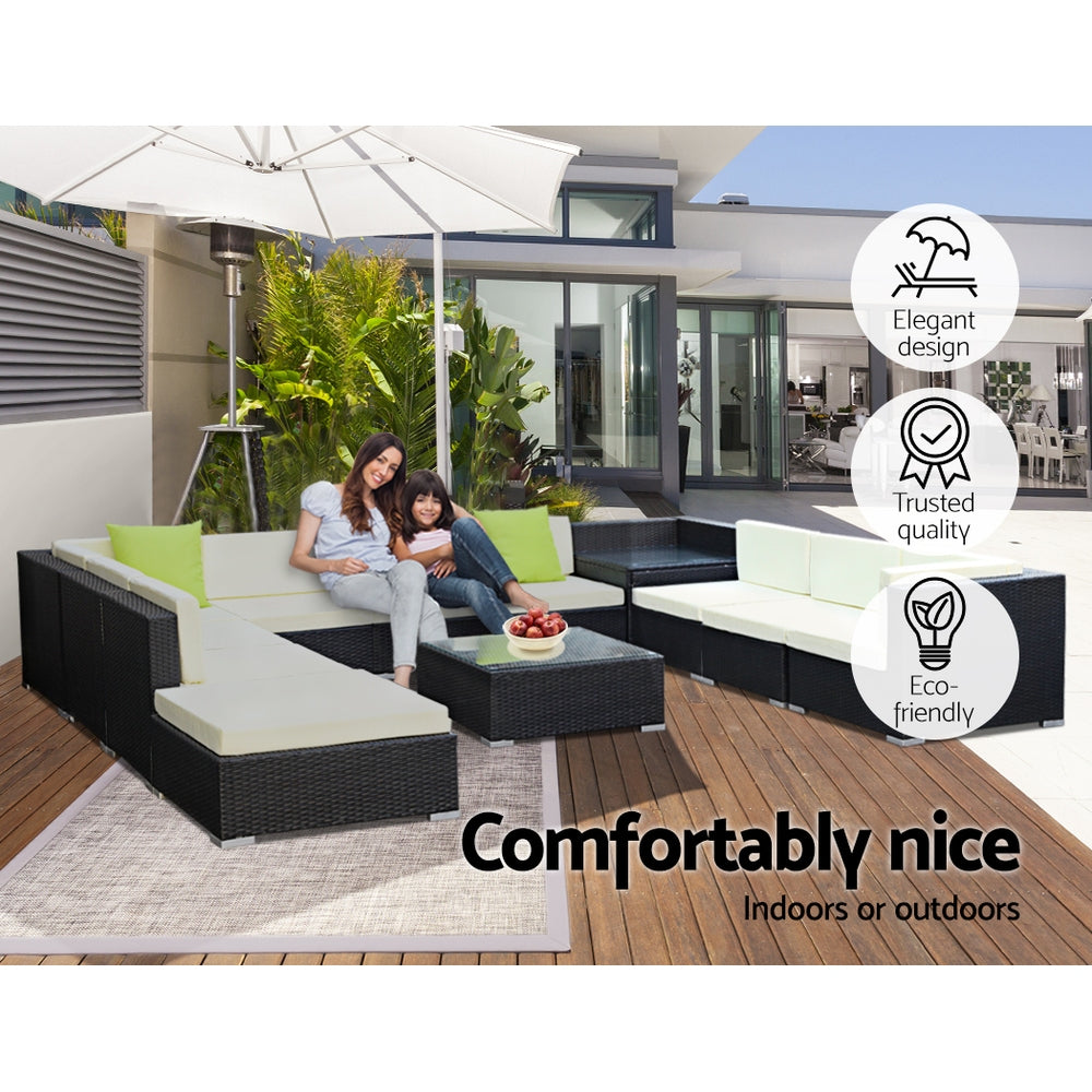 Chester 11-Seater Furniture Set Wicker Garden Patio Lounge 12-Piece Outdoor Sofa - Black