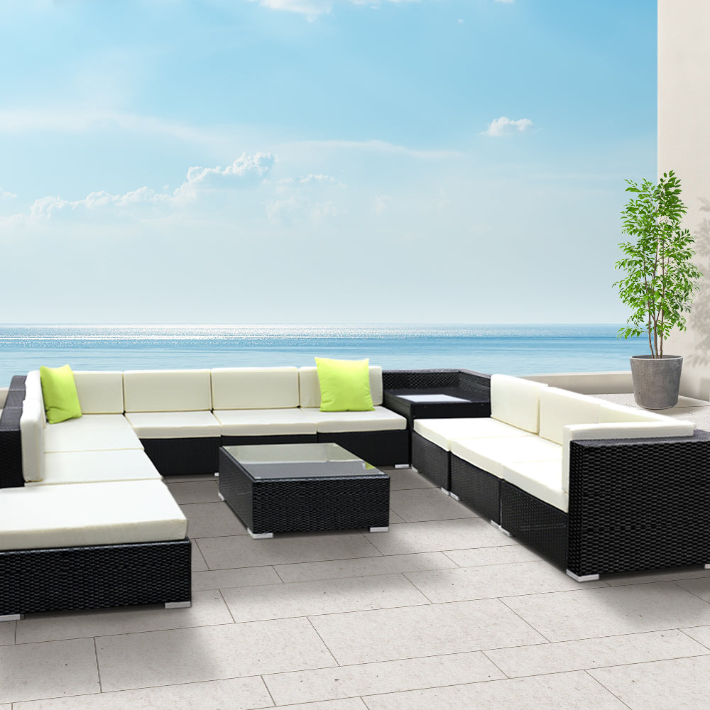 Chester 11-Seater Furniture Set Wicker Garden Patio Lounge 12-Piece Outdoor Sofa - Black