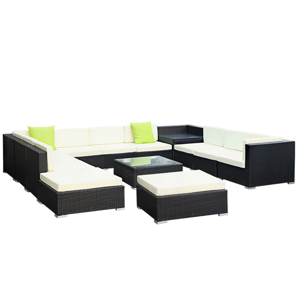 Chester 12-Seater Furniture Set Wicker Garden Patio Lounge 13-Piece Outdoor Sofa - Black