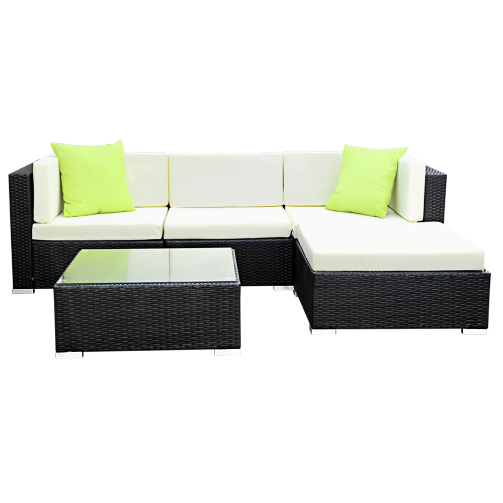 Chester 4-Seater Outdoor Set Furniture Wicker 5-Piece Sofa with Storage Cover - Black