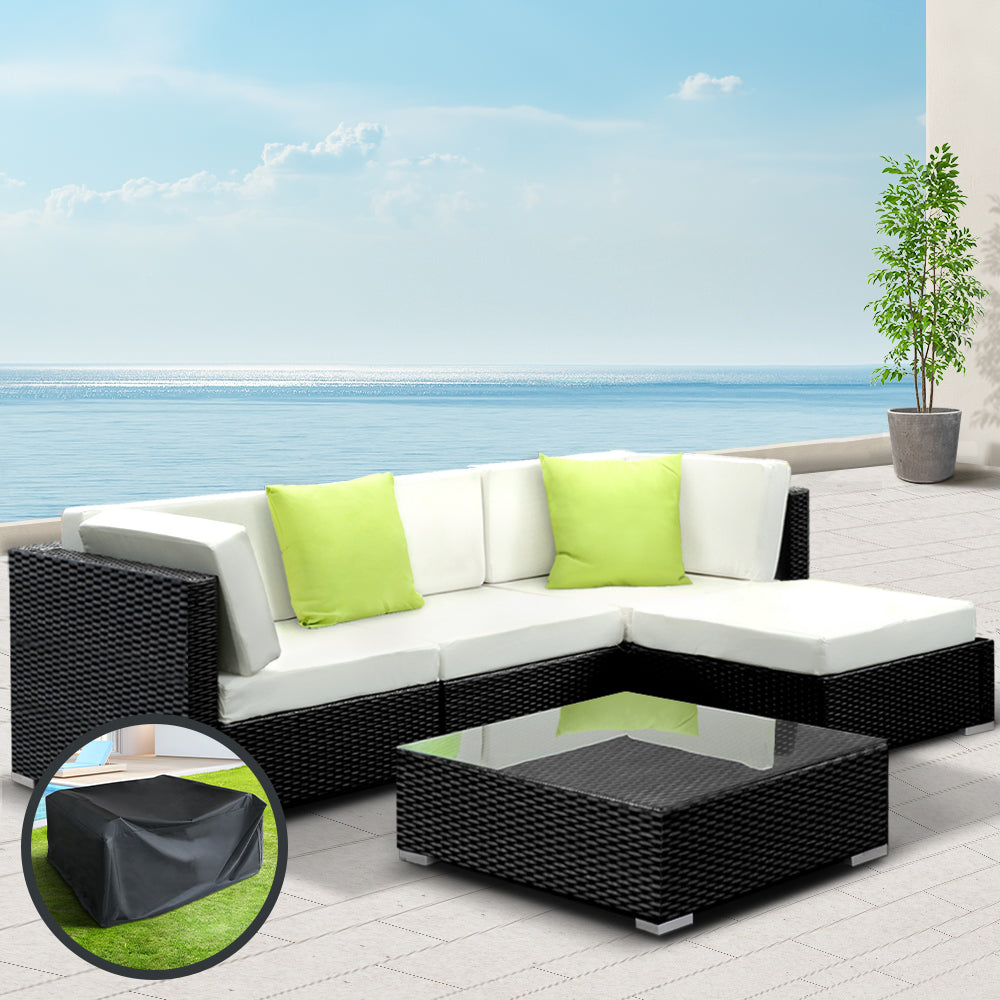 Chester 4-Seater Outdoor Set Furniture Wicker 5-Piece Sofa with Storage Cover - Black