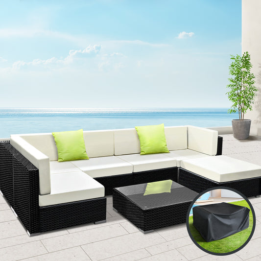 Chester 6-Seater Outdoor Set Furniture Wicker 7-Piece Sofa with Storage Cover - Black