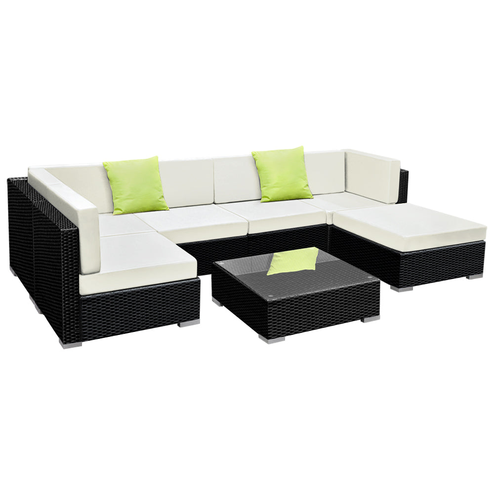 Chester 6-Seater Furniture Set Wicker Garden Patio Pool Lounge 7-Piece Outdoor Sofa - Black