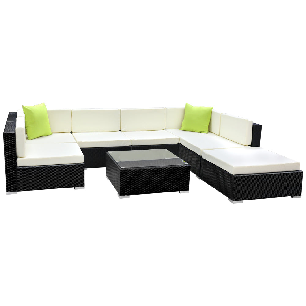 Chester 7-Seater Outdoor Set Furniture Wicker 8-Piece Sofa with Storage Cover - Black